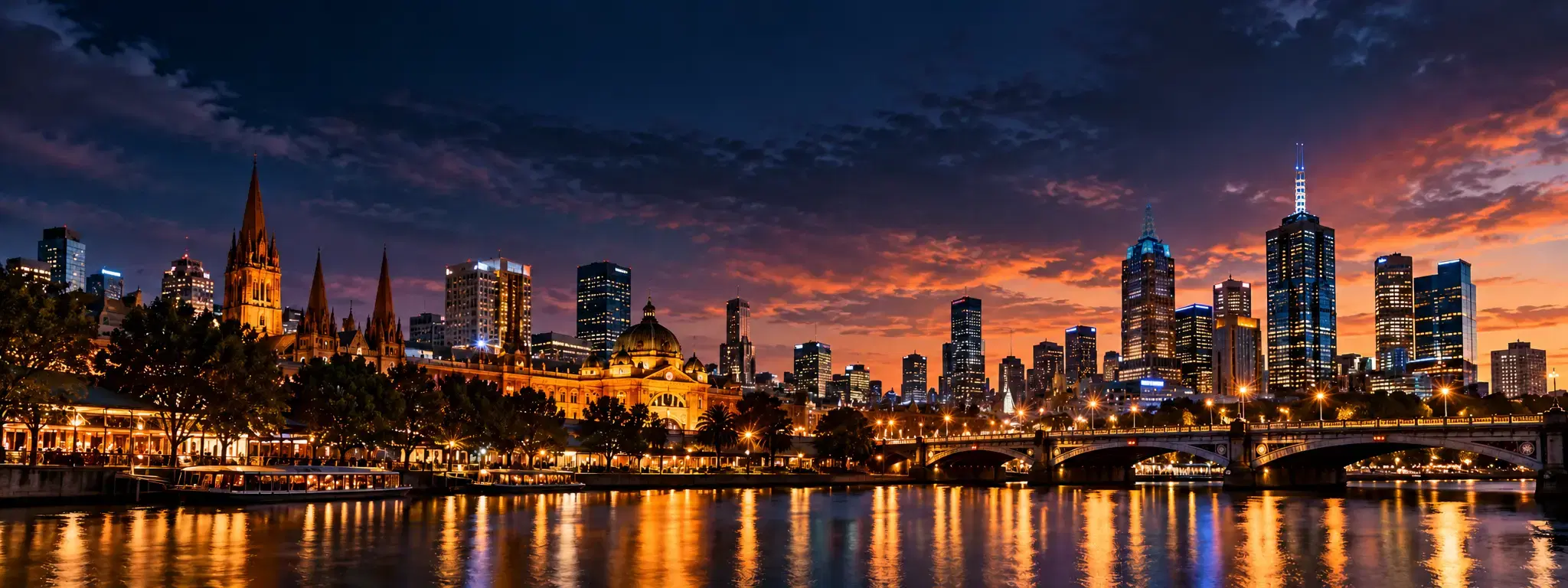 Melbourne skyline at dusk across the Yarra River, with Flinders Street Station and Princes Bridge lit up
